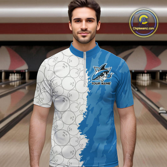 Custom White And Blue Shark Bowling Quarter-Zip Shirts For Men, Shark Bowling League Shirt IPHW8993