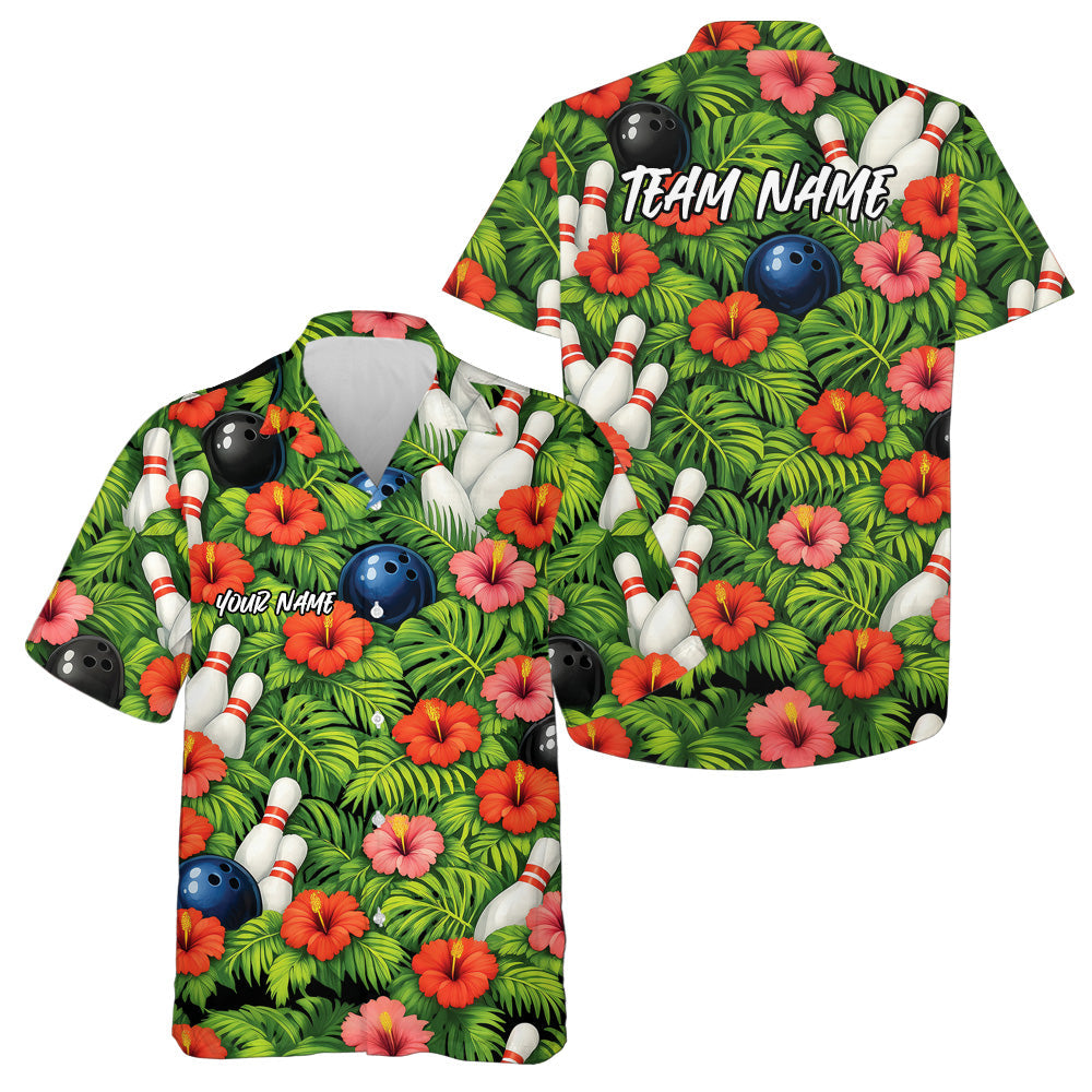 Custom Tropical Leaves And Hibiscus Flower Hawaiian Bowling Shirts For Men And Women IPHW10827