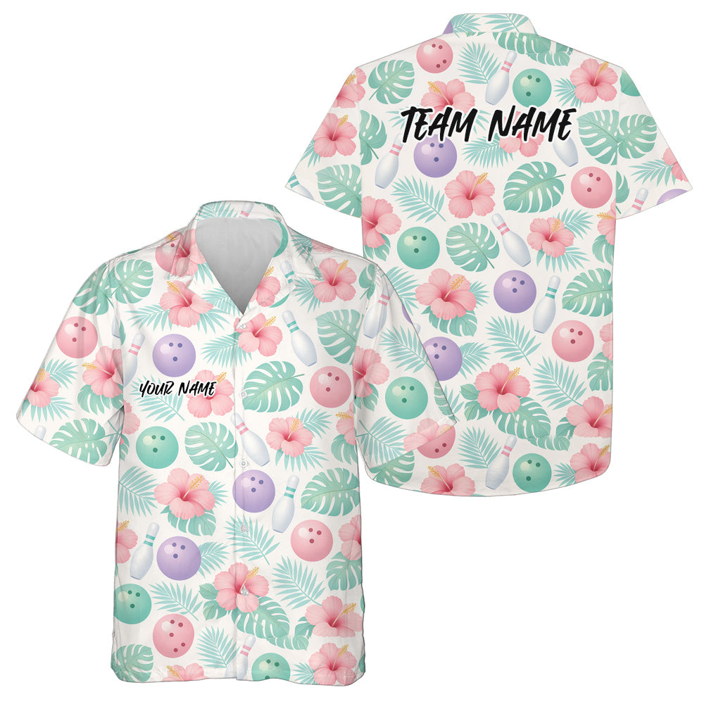 Custom Pastle Summer Tropical Leaves And Hibiscus Flower Hawaiian Bowling Team Shirts IPHW10831
