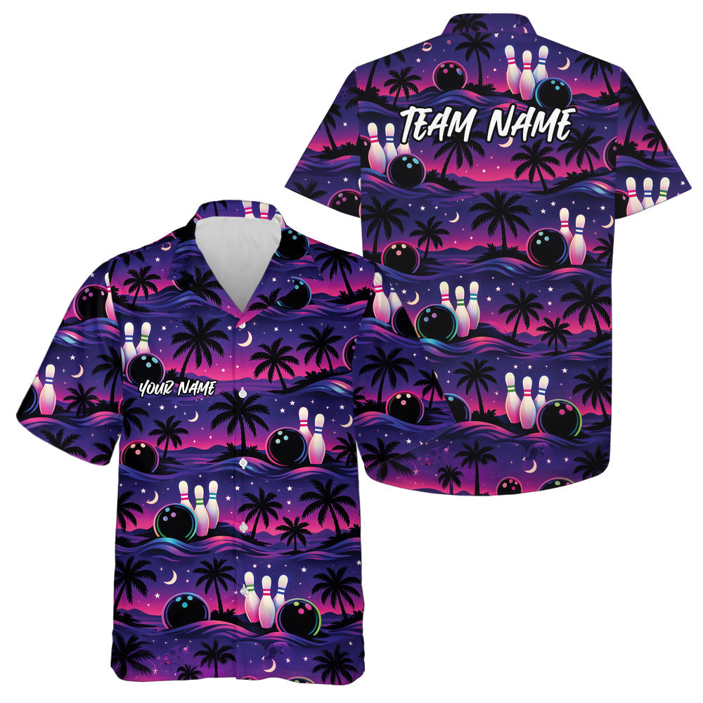 Custom Pink And Purple Tropical Palm Tree Hawaiian Bowling Shirts For Men And Women IPHW10832
