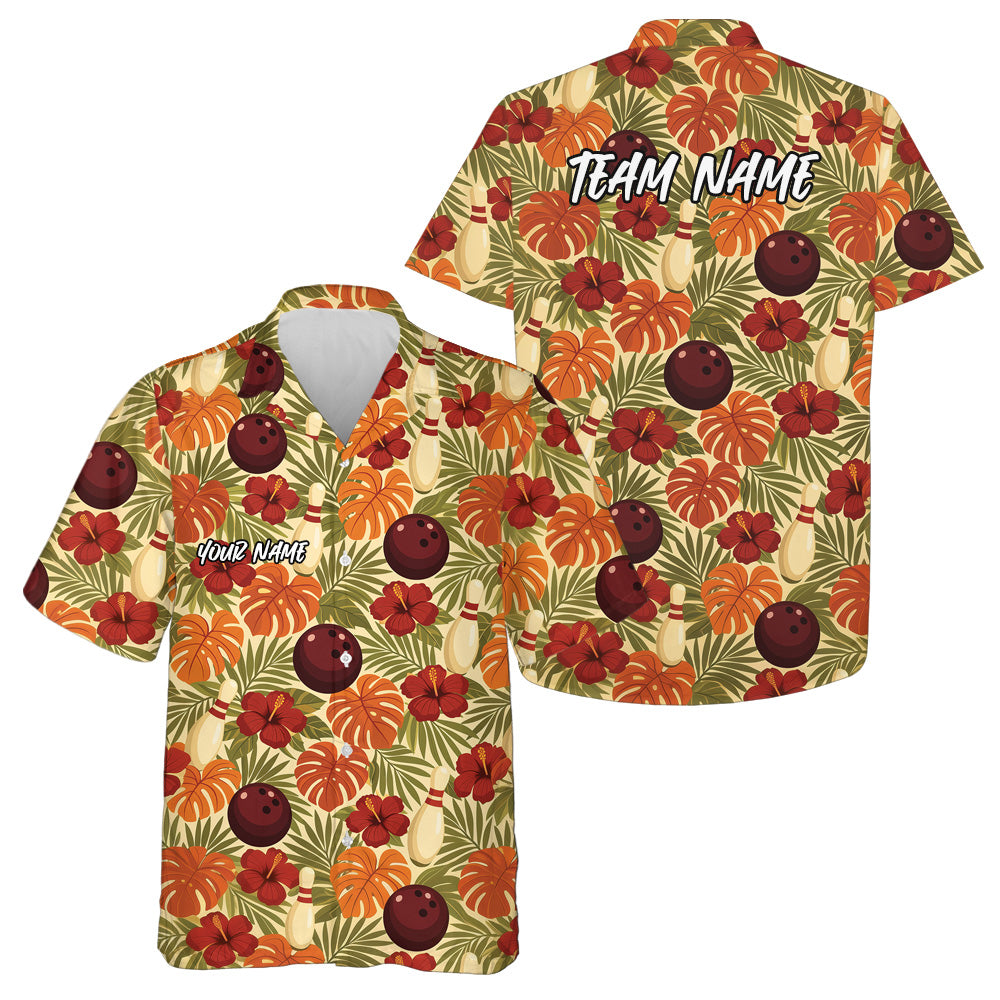 Custom Tropical Leaves And Hibiscus Flower Hawaiian Bowling Team Shirt For Men And Women IPHW10838