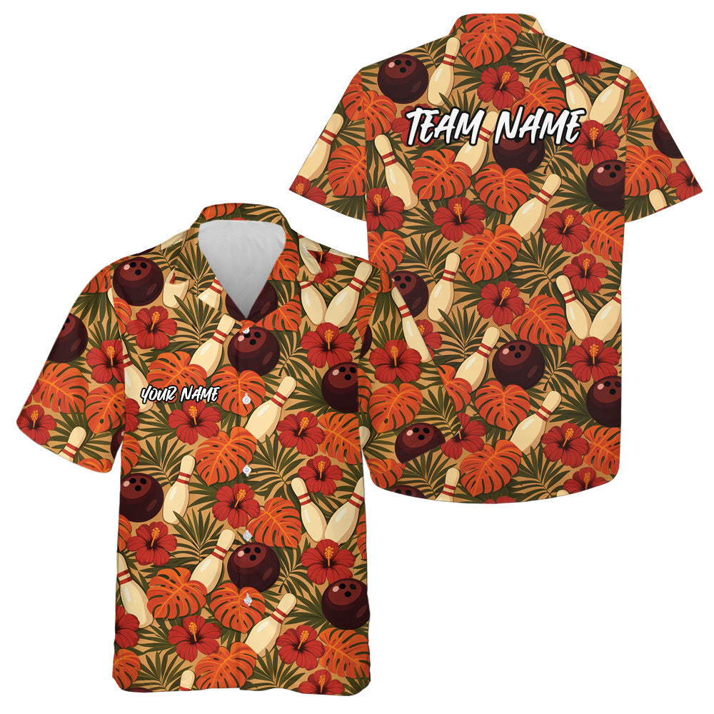 Custom Tropical Leaves And Hibiscus Flower Hawaiian Bowling Team Shirt For Men And Women IPHW10839