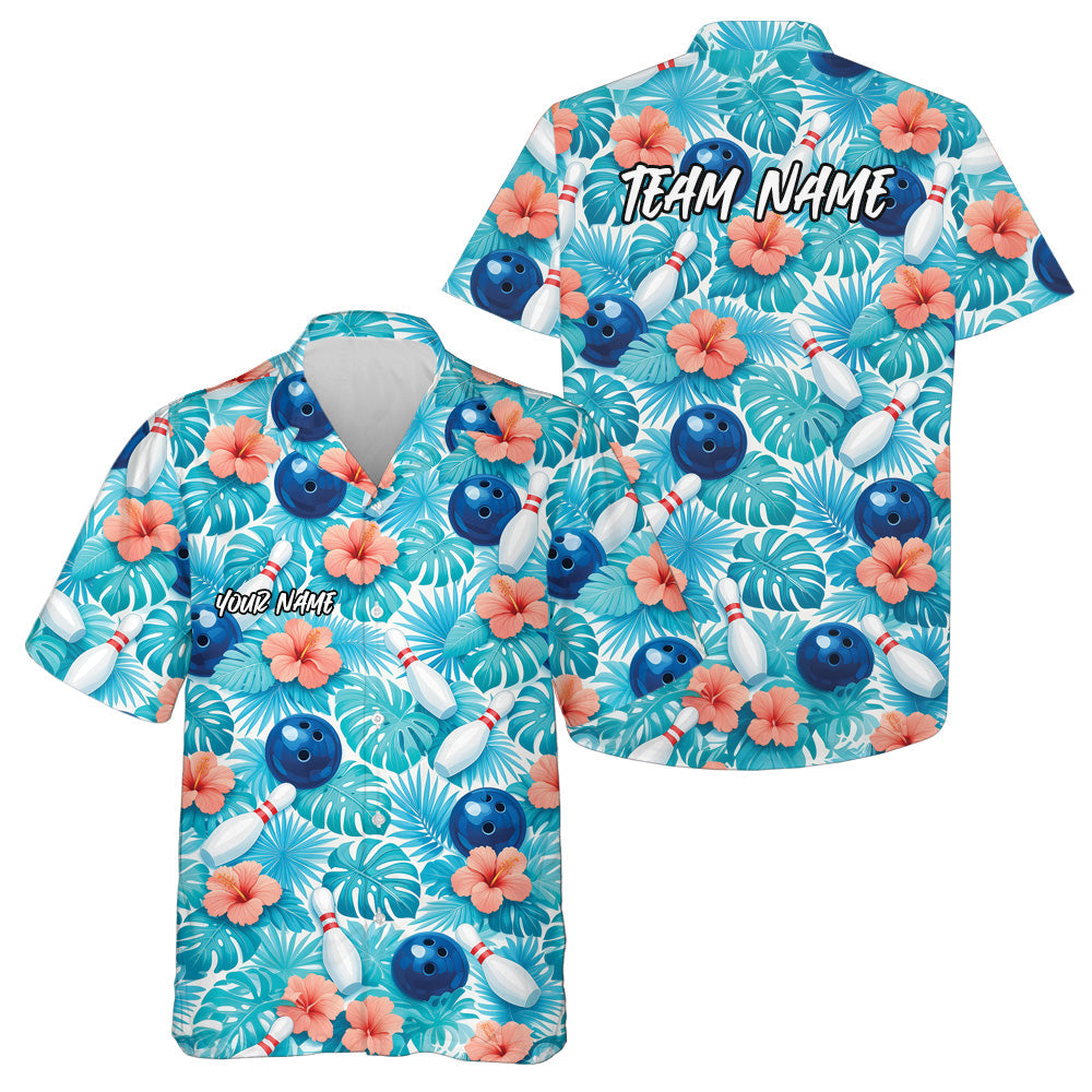 Custom Blue Tropical Leaves And Hibiscus Flower Hawaiian Bowling Shirt For Men And Women IPHW10840