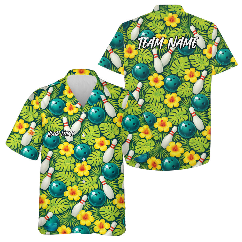 Custom Tropical Leaves And Hibiscus Flower Hawaiian Bowling Shirts For Men And Women IPHW10841