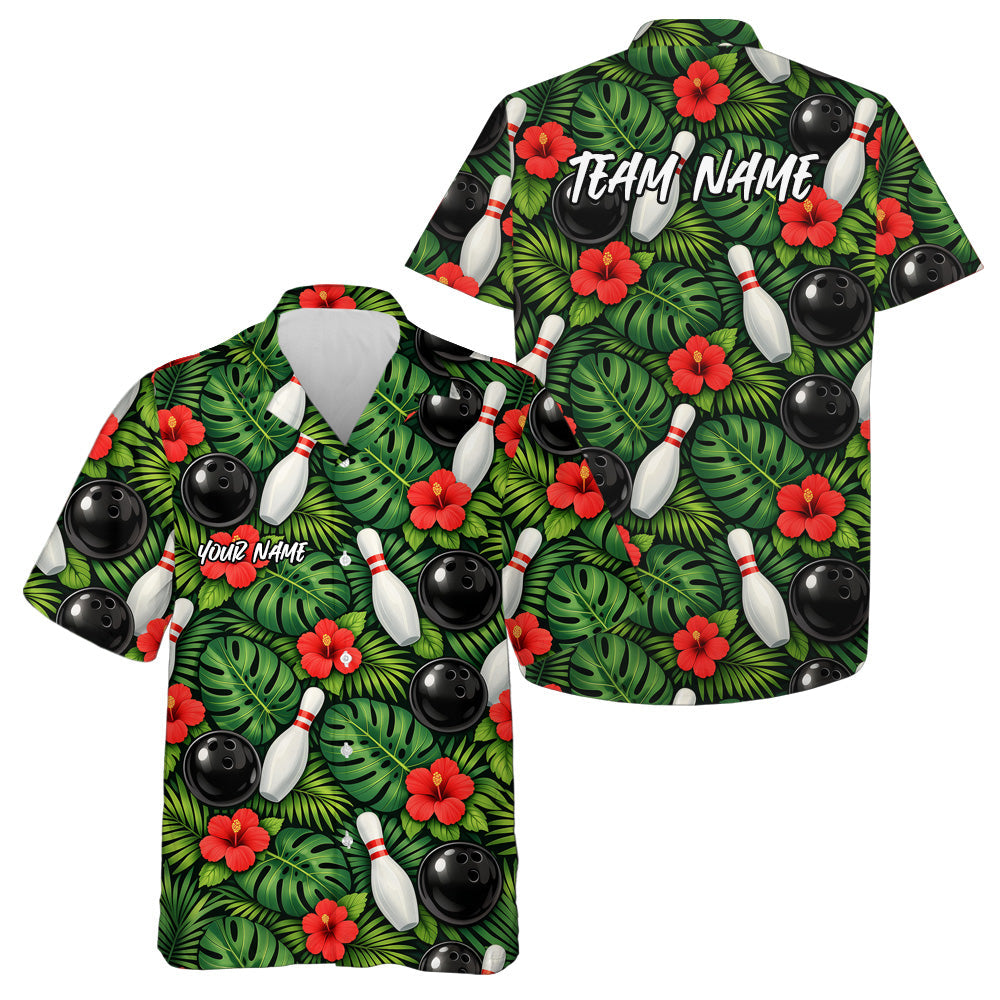 Custom Tropical Leaves And Hibiscus Flower Hawaiian Bowling Shirts For Men And Women IPHW10846