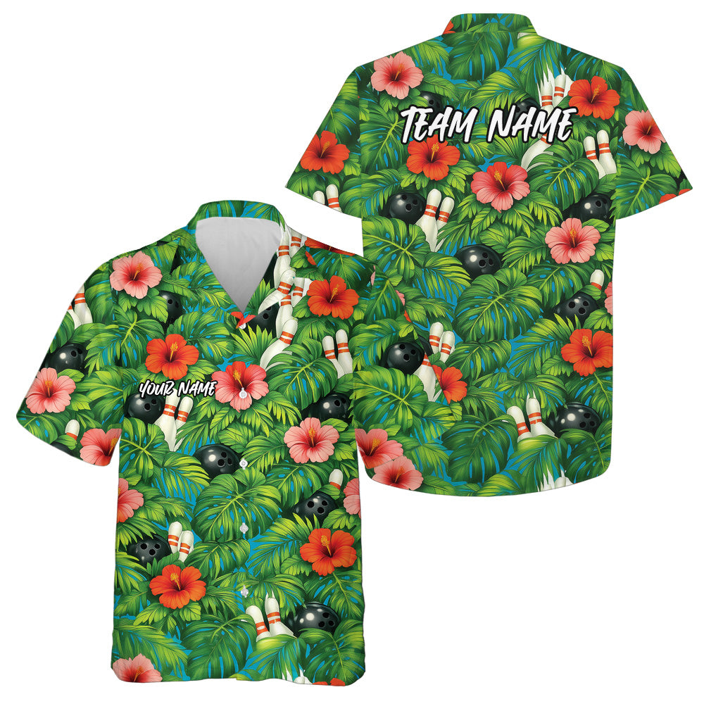 Custom Tropical Leaves And Hibiscus Flower Hawaiian Bowling Shirts For Men And Women IPHW10847