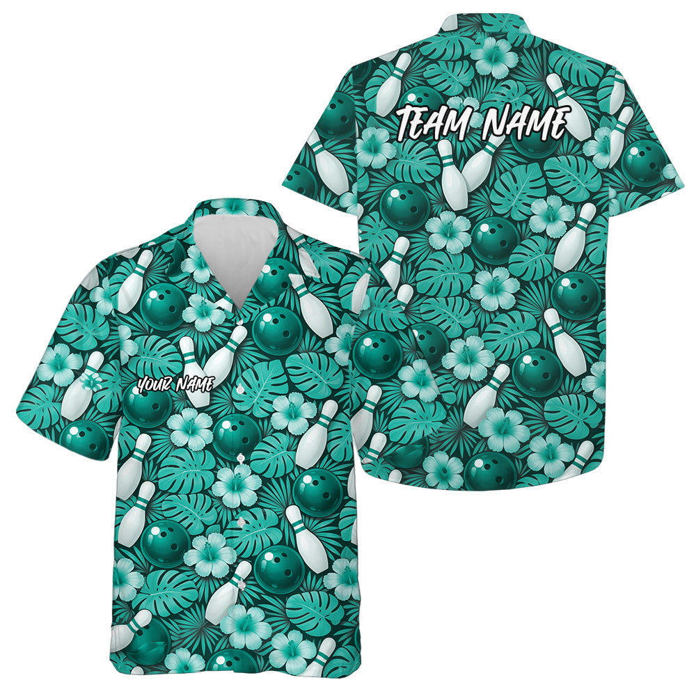 Custom Blue Tropical Leaves And Hibiscus Flower Hawaiian Bowling Shirts For Men And Women IPHW10849