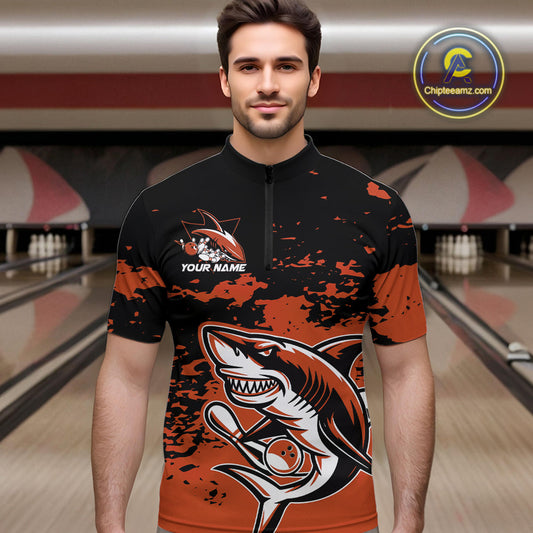 Custom Black And Ornage Camo Shark Bowling Team Men Quarter-Zip Shirts, Bowling Tournament Shirt IPHW8998