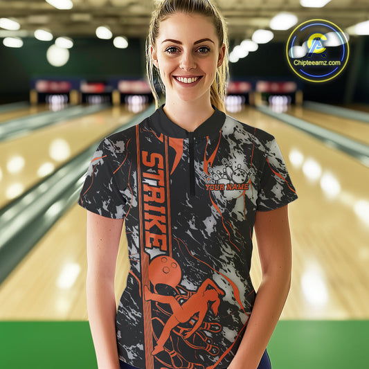 Custom Orange And Gray Camo Strike Bowling Women Quarter-Zip Team Shirts, Bowling Jersey IPHW9244