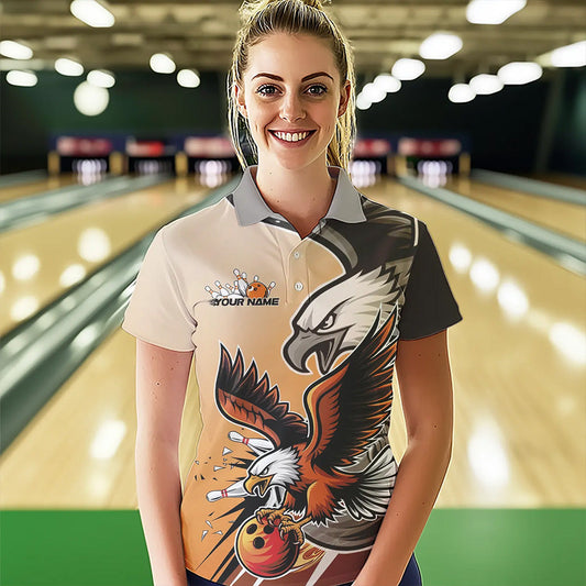 Custom Eagle Bowling Jerseys With Names, Orange Eagle Bowling League Women Polo Shirts IPHW8762