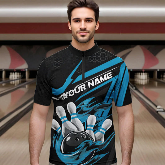Custom Black And Blue Flame Bowling Team Quarter-Zip Shirts For Men, Fire Bowling League Shirt IPHW8769