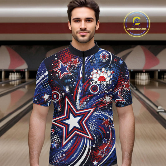 Front view of a male model in a bowling alley wearing a custom quarter zip bowling shirt featuring red, white, and blue patriotic stars, halftone dots, and a grunge texture design.
