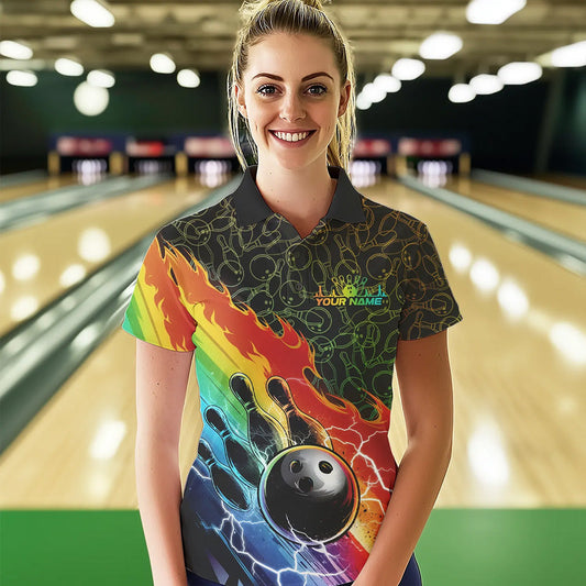 Custom Rainbow Flame Bowling Team Polo Shirts For Women, Colorful Bowling League Shirt IPHW8785