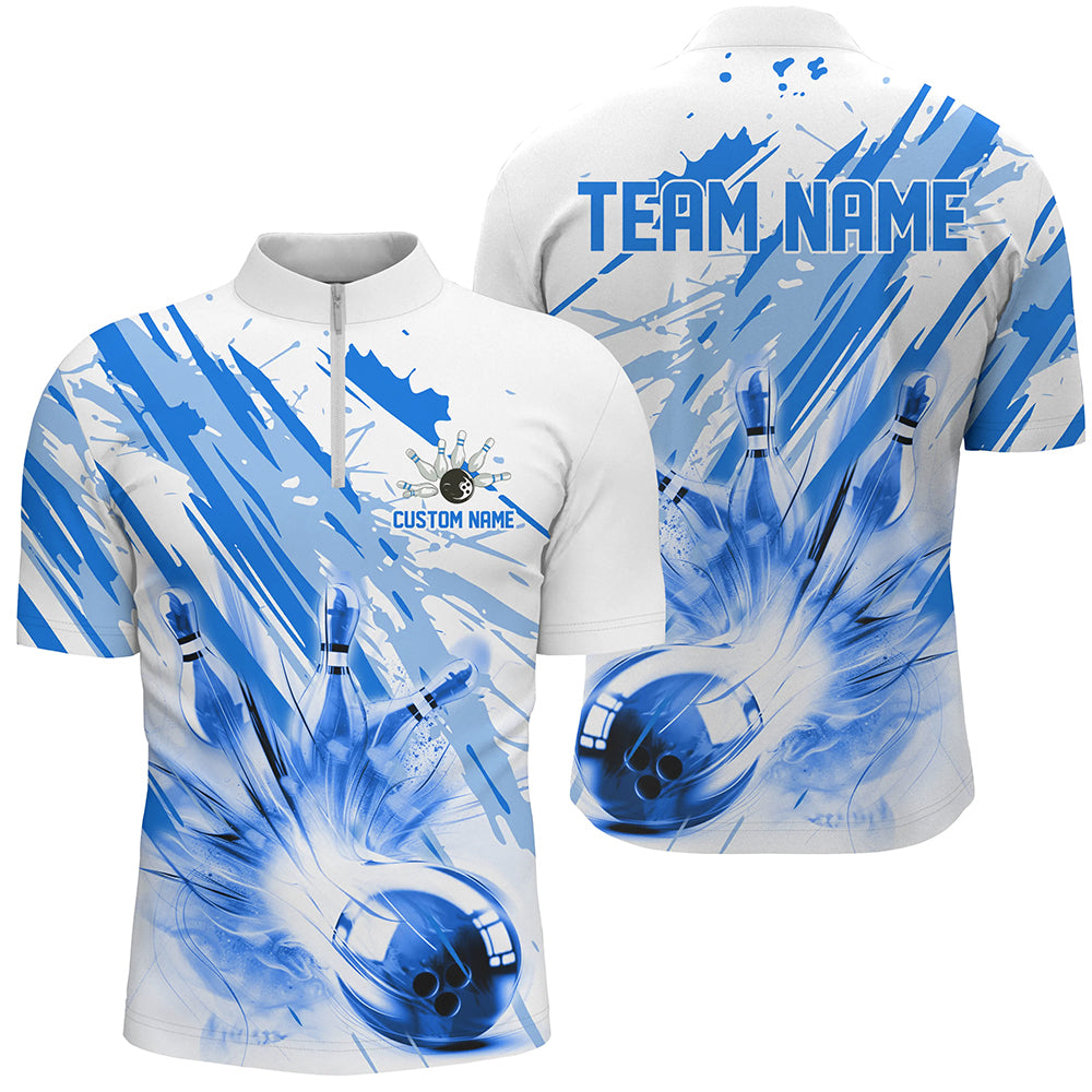 Blue Bowling Strike Custom Bowling Polo/ Quarter Zip Team Shirts, Men And Women Bowling Outfit IPHW6262