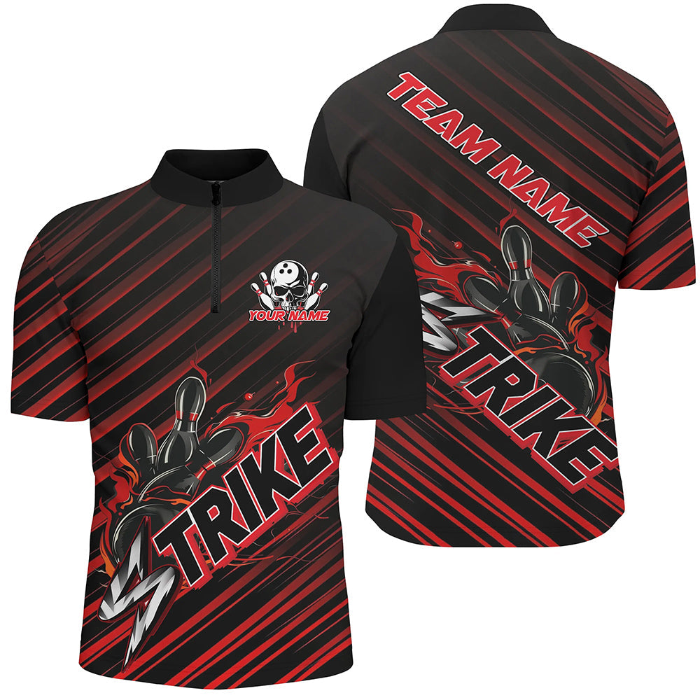 Custom Black And Red Flame Strike Bowling Shirts For Men, Bowling League Bowling Uniform IPHW7338