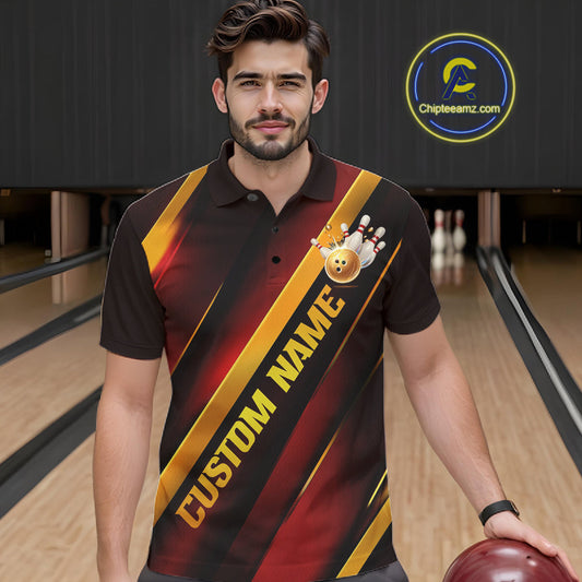 Custom Red And Gold Bowling Tournament Shirts For Men And Women With Name, Bowler Outfit IPHW10645