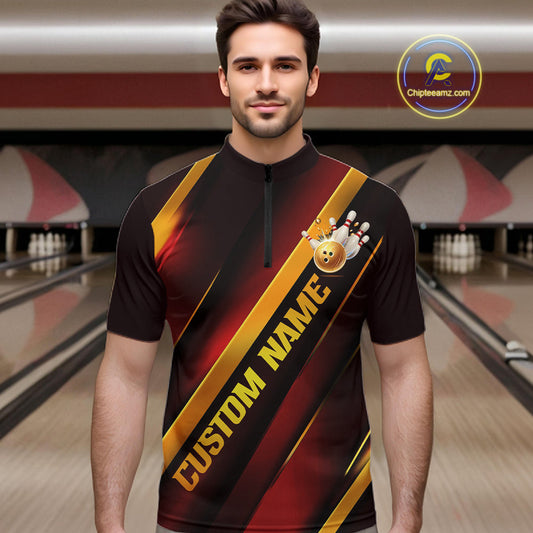 Custom Red And Gold Bowling Tournament Shirts For Men And Women With Name, Bowler Outfit IPHW10645