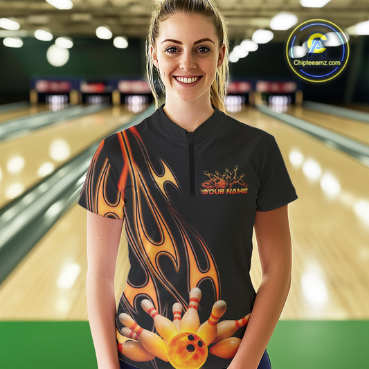 Custom Flame Bowling Team Quarter-Zip Shirts For Women, Bowling Tournament Team Outfit IPHW9287