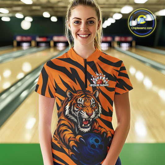 Custom Tiger Bowling Team Quarter-Zip Shirts For Women, Tiger Bowling Team Uniform IPHW9025
