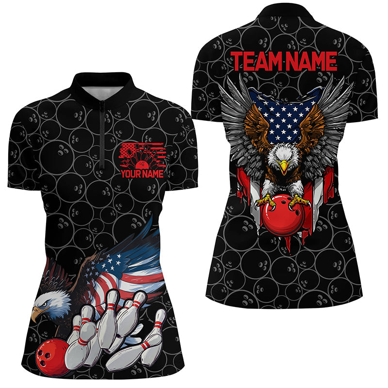 American Eagle Custom Patriotic US Flag Ladies Bowling Shirts, Black Bowling Team Uniform IPHW7891