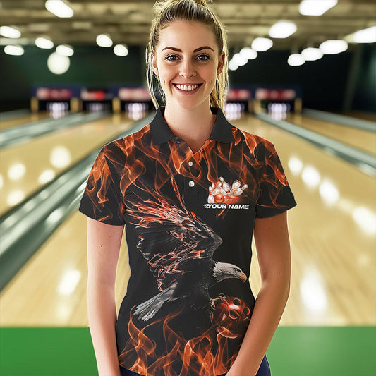 Custom Black And Orange Flame Eagle Bowling Team Women Polo Shirts, Eagle Bowling Shirt IPHW8799