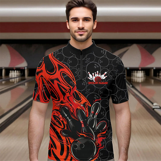 Custom Black And Red Tribal Flame Bowling Team Men Quarter-Zip Shirts, Bowling Pattern Outfits IPHW8814