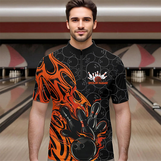 Custom Black And Orange Tribal Flame Bowling Team Men Quarter-Zip Shirts, Bowling Pattern Outfits IPHW8816