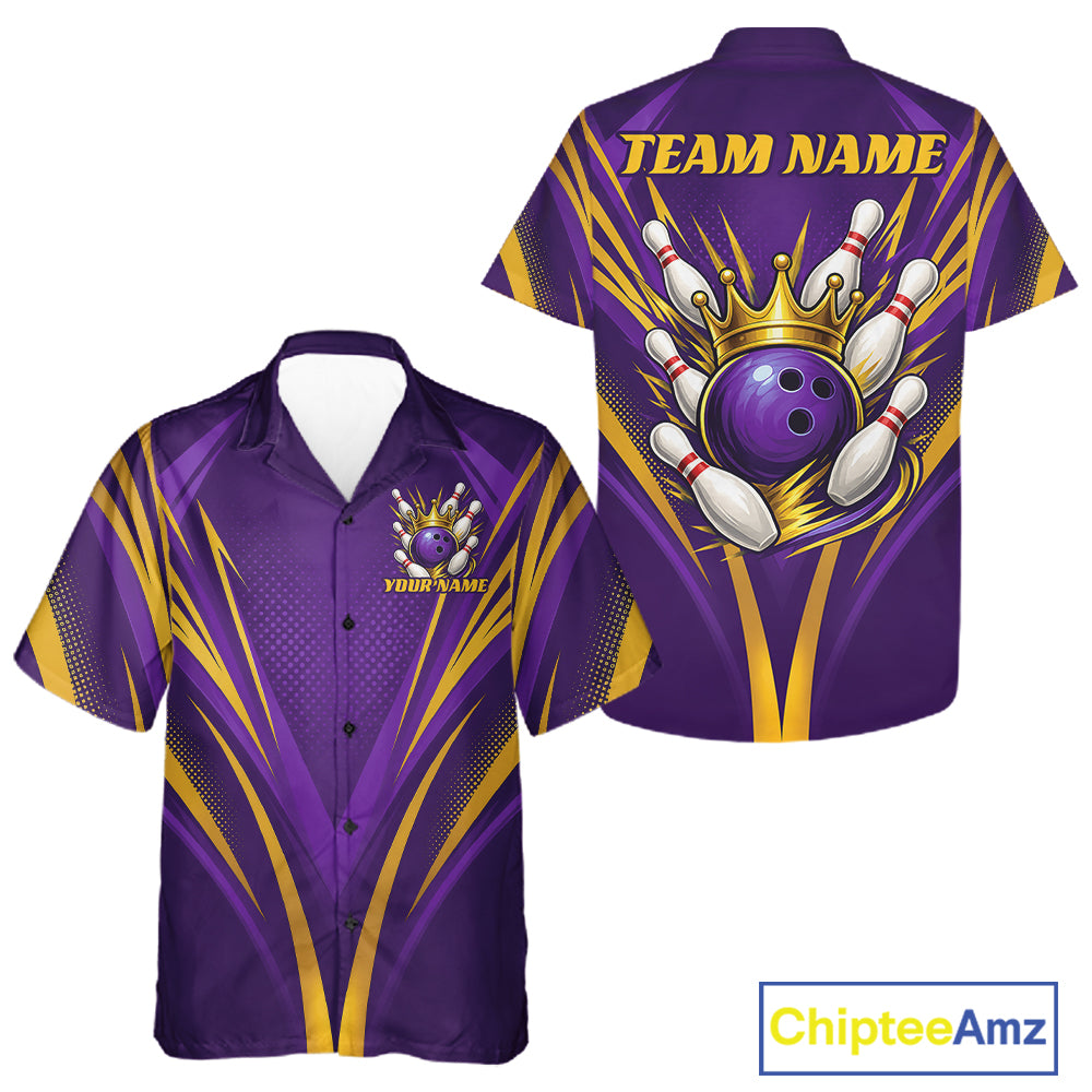 Custom Purple And Gold Crowned Bowling Ball Bowling King Bowling Team Men And Women Button Up Shirt IPHW11812