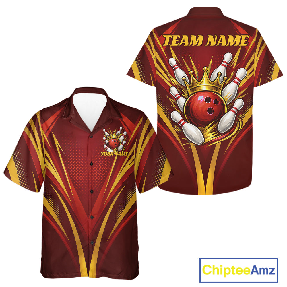 Custom Red And Gold Crowned Bowling Ball Bowling King Bowling Team Men And Women Button Up Shirt IPHW11813