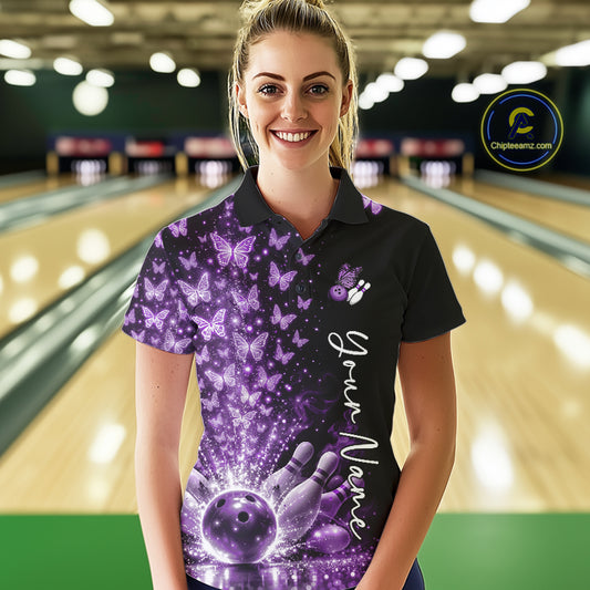 Custom Purple Butterfly Women Bowling Polo Shirt, Bowling League Shirt IPHW10905