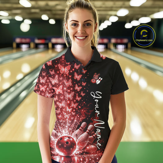 Custom Red Butterfly Women Bowling Polo Shirt, Bowling League Shirt IPHW10907