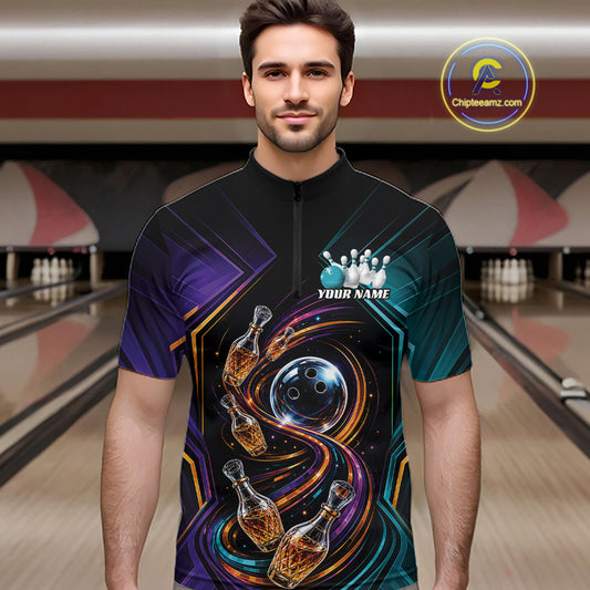 A man wearing a short-sleeve quarter zip bowling shirt on a white background. The shirt features a black base with vibrant purple, teal, orange, and yellow abstract swirls, featuring bowling balls and bowling pins creatively designed to resemble wine bottles.
