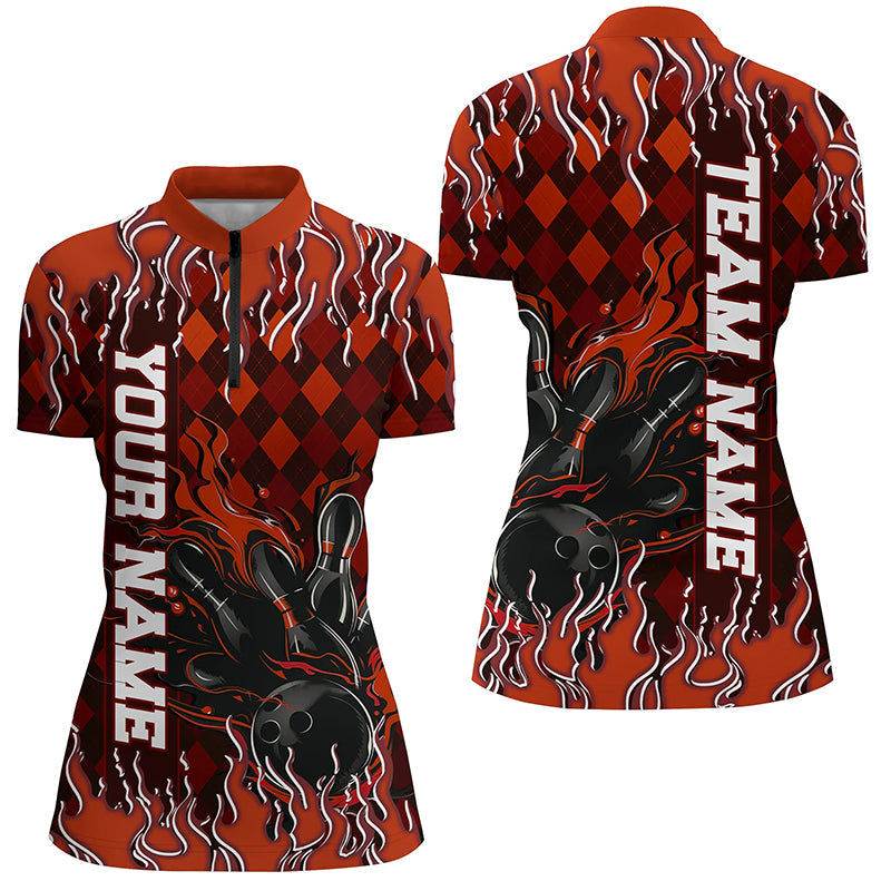 Orange Argyle Pattern Custom Flame Strike Bowling Shirts For Women, Bowling Team3 Outfit IPHW7898