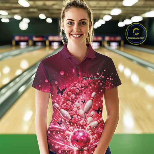 Custom Elegant Red Roses And Butterfly Women Bowling Shirt, Flower Bowling League Shirt IPHW10926