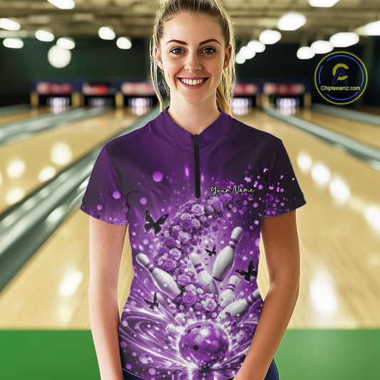 Custom Elegant Purple Roses And Butterfly Women Bowling Shirt, Bowling League Shirt IPHW10927