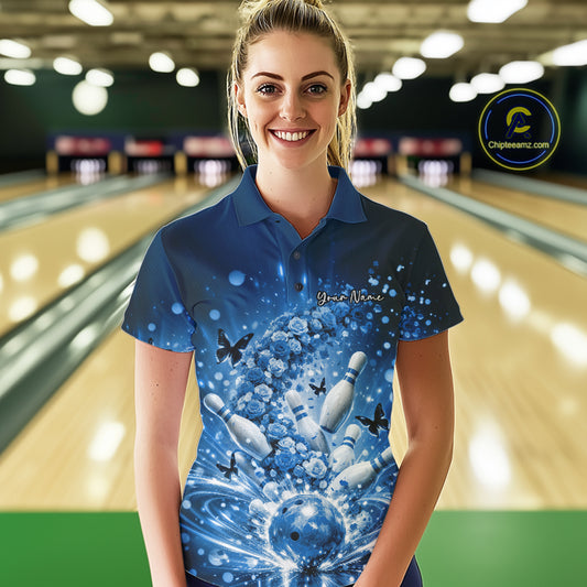 Custom Elegant Blue Roses And Butterfly Women Bowling Shirt, Flower Bowling League Shirt IPHW10929
