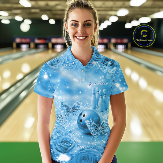 Custom Elegant Blue Roses And Butterfly Women Bowling Polo Shirts, Ladies Outfit IPHW10935