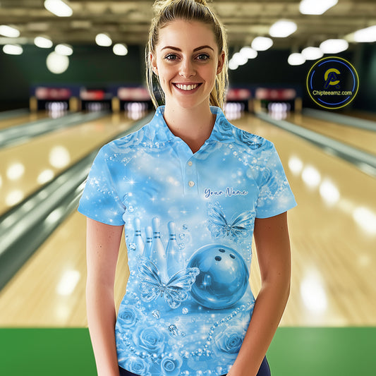 Custom Elegant Blue Roses And Butterfly Women Bowling Polo Shirts, Ladies Outfit IPHW10939