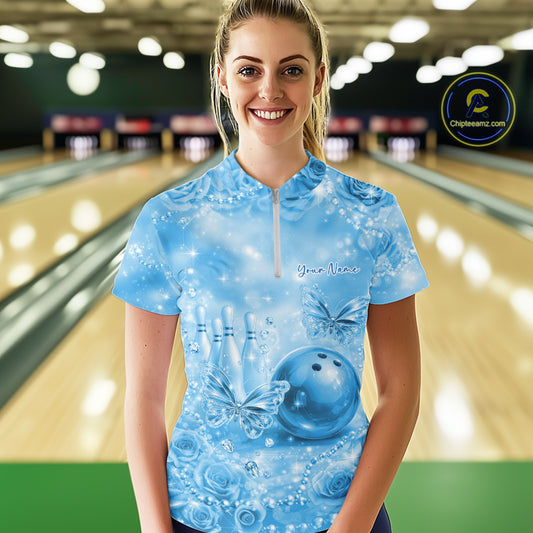 Custom Elegant Blue Roses And Butterfly Women Bowling Quarter-Zip Shirts, Ladies Outfit IPHW10939