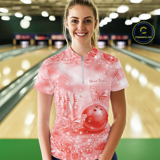 Custom Elegant Red Roses And Butterfly Women Bowling Quarter-Zip Shirts, Ladies Outfit IPHW10940