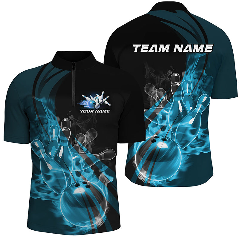 Black And Blue Custom Flame Bowling Team Shirts For Men, Bowling Polo Bowling League Shirts IPHW7418