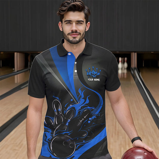 Custom Black And Blue Flame Bowling Polo Shirts For Men, Fire Bowling Team Shirt IPHW8542