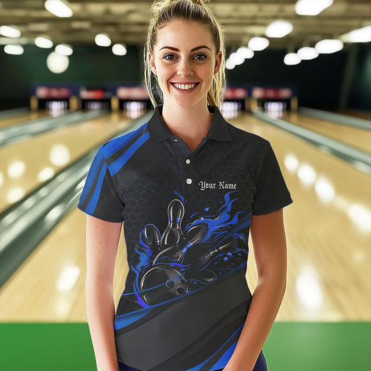 Custom Black And Blue Flame Bowling Polo Shirts For Women, Bowling Tournament Team Shirts IPHW8544