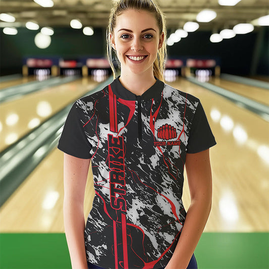 Custom Gray And Red Strike Bowling Women Quarter-Zip Shirts, Bowling League Team Uniform IPHW8861