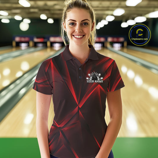 Woman wearing a custom bowling shirt with a logo and text in a bowling alley.