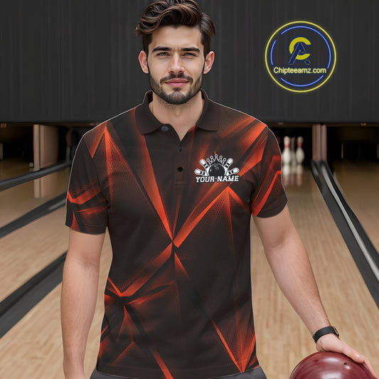 Man in a red and black polo shirt with a logo on a bowling alley.