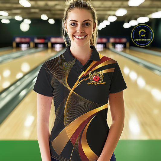 Woman wearing a custom bowling shirt with a logo in a bowling alley