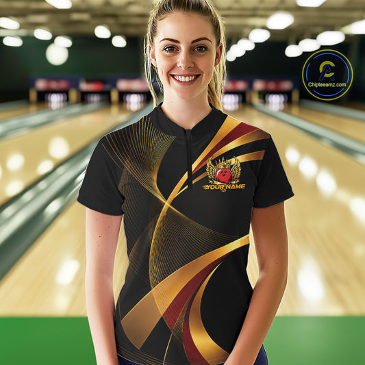 Woman wearing a custom bowling shirt with a logo in a bowling alley