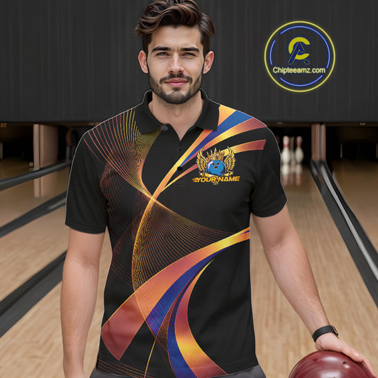 Man wearing a colorful bowling shirt with a logo in a bowling alley.
