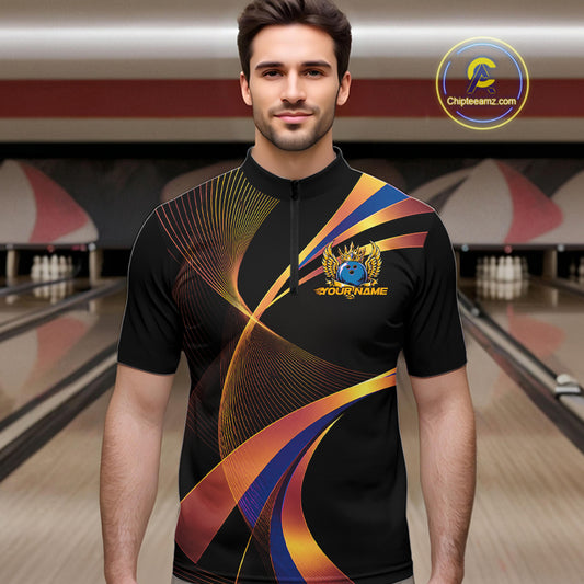 Man wearing a colorful bowling shirt with a logo in a bowling alley.